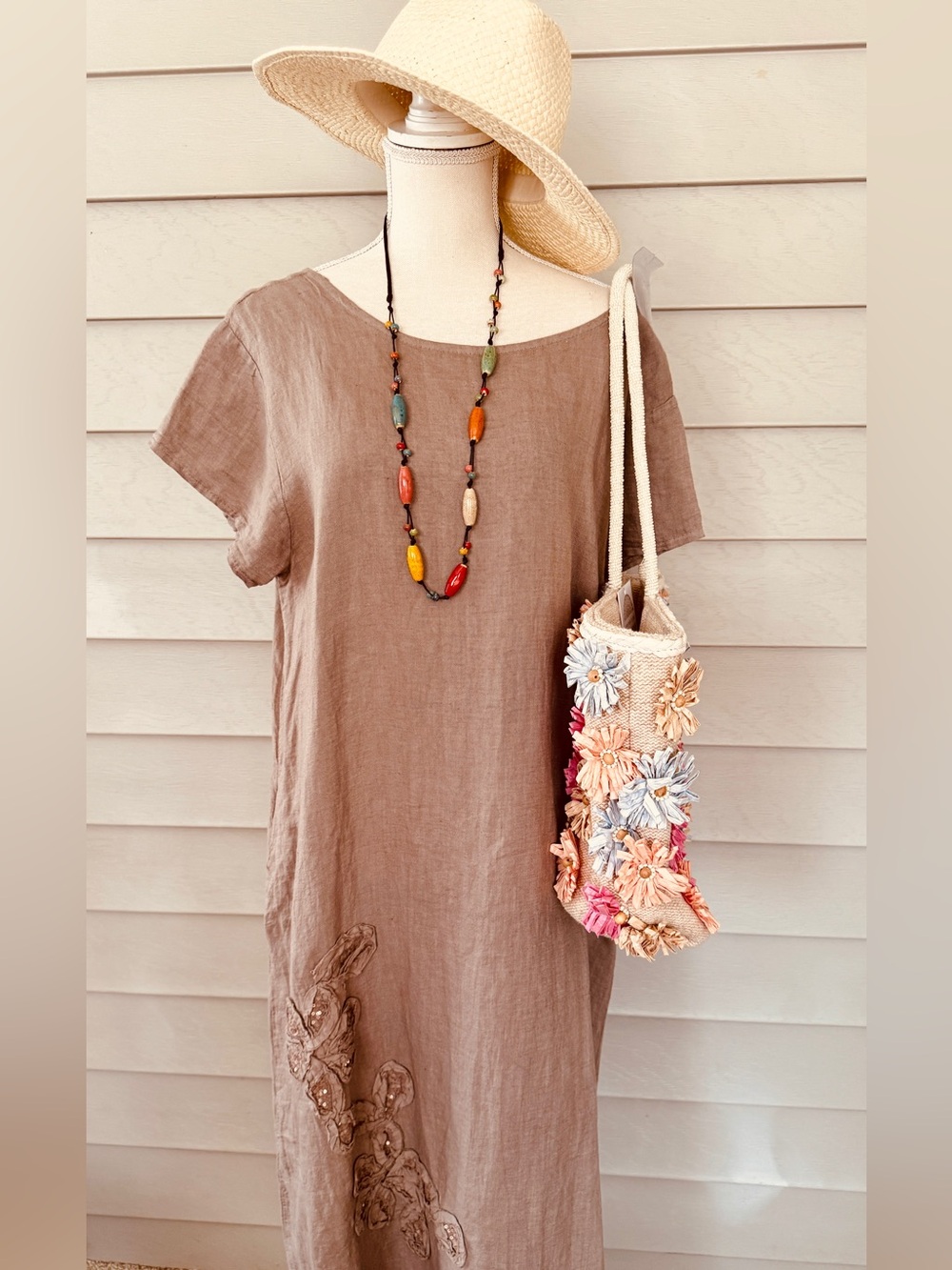 Women's Made in Italy Taupe Pure Linen Shift Dress with Embroidered Detail